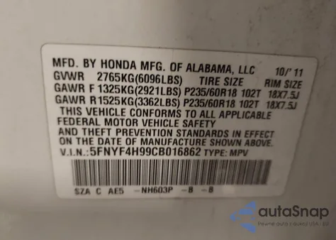 2012 Honda Pilot Touring z USA, uszkodzony, nr VIN 5FNYF4H99CB016862